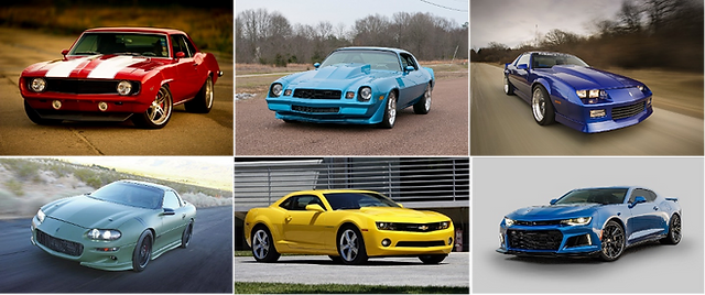 6 camaros - one from each generation in manufacture