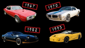 4 cars with labels of 1967, 1970, 1982, and 1993