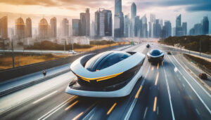 Futuristic autonomous vehicles driving on highway